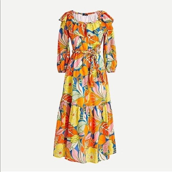 💜 J.Crew Midi Dress in Tropical Floral Print with Ruffle Collar and Belt - Picture 2 of 5